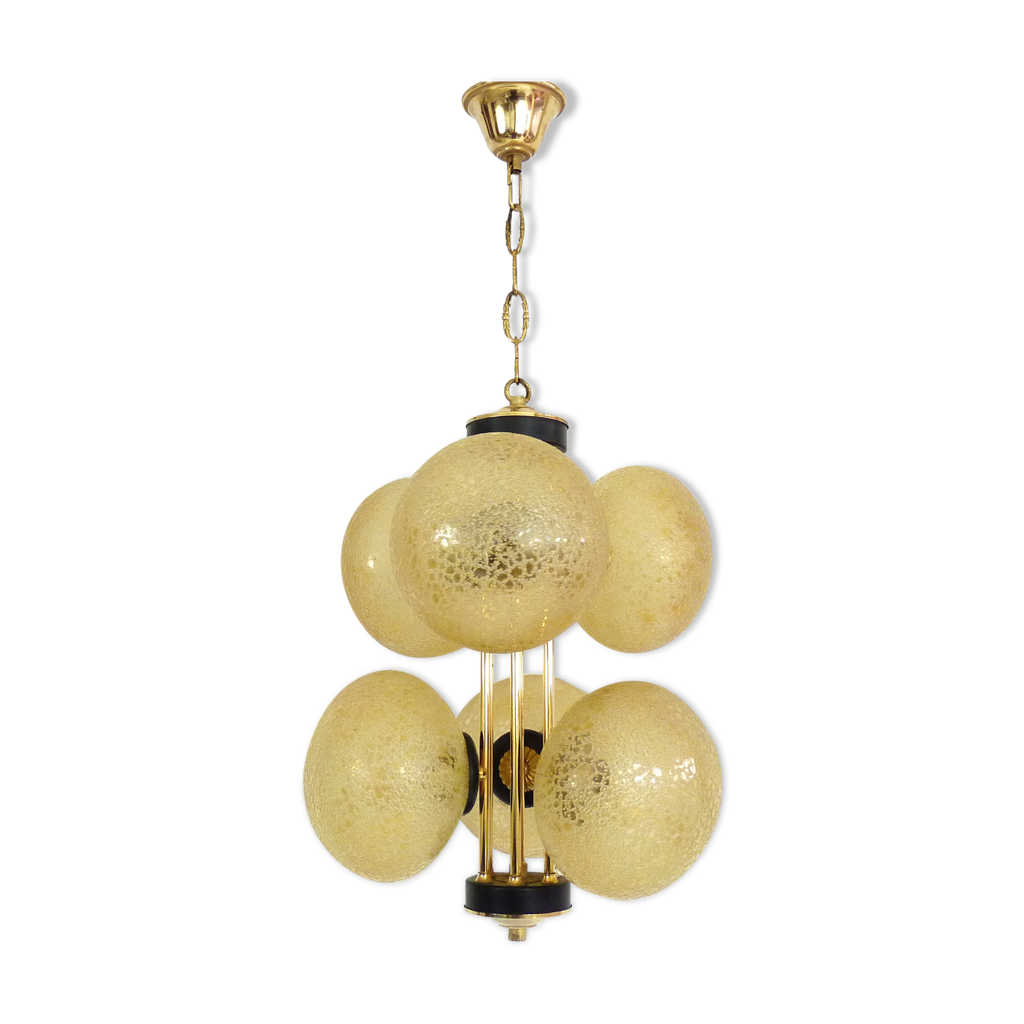 Lustre Suspension Spoutnik Vintage 6 Feux Laiton – Globes En Verre Moulé