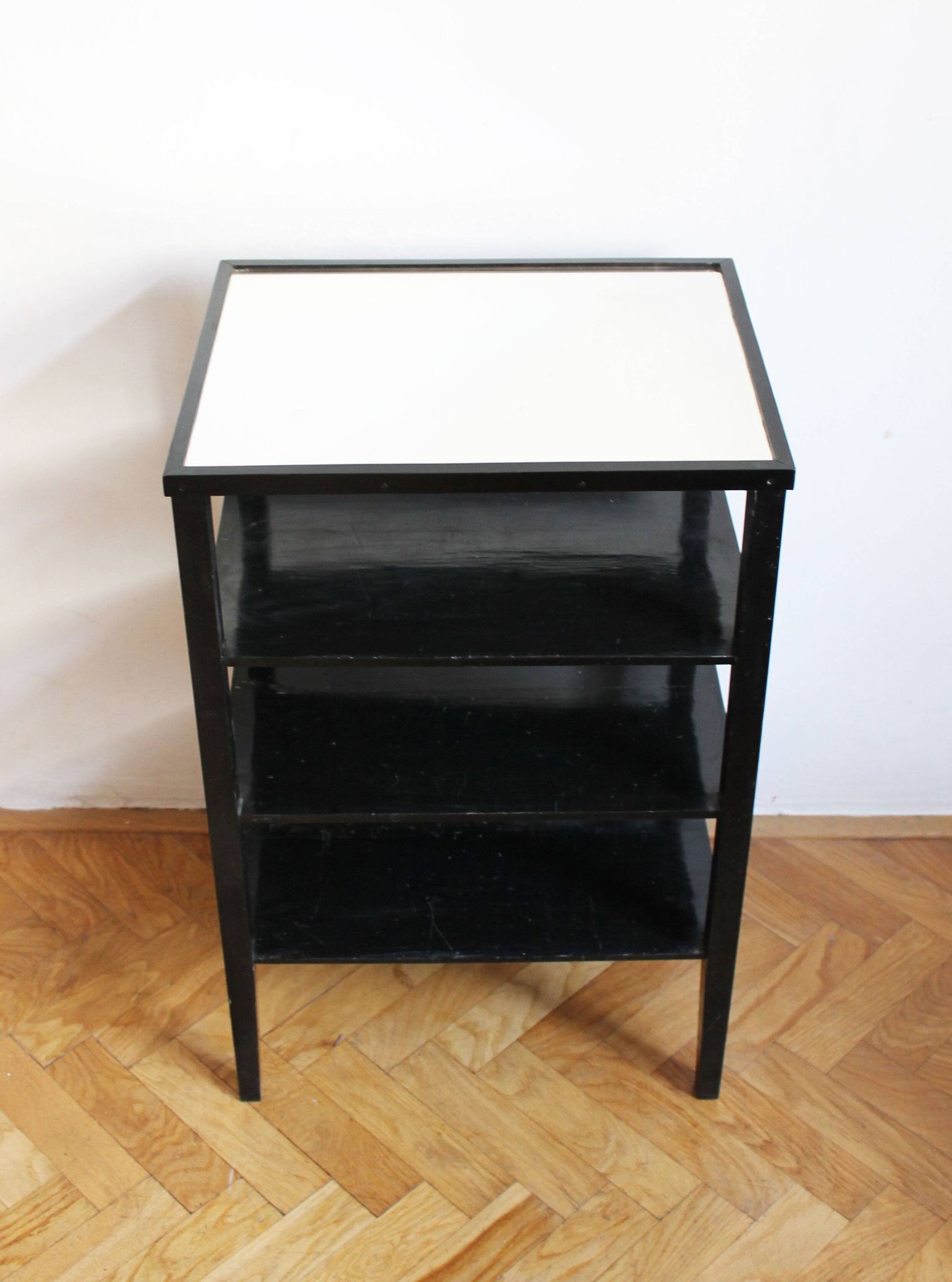 Late 1940s Czechoslovak Functionalist Étagère in Black Wood and Bevelled Gl