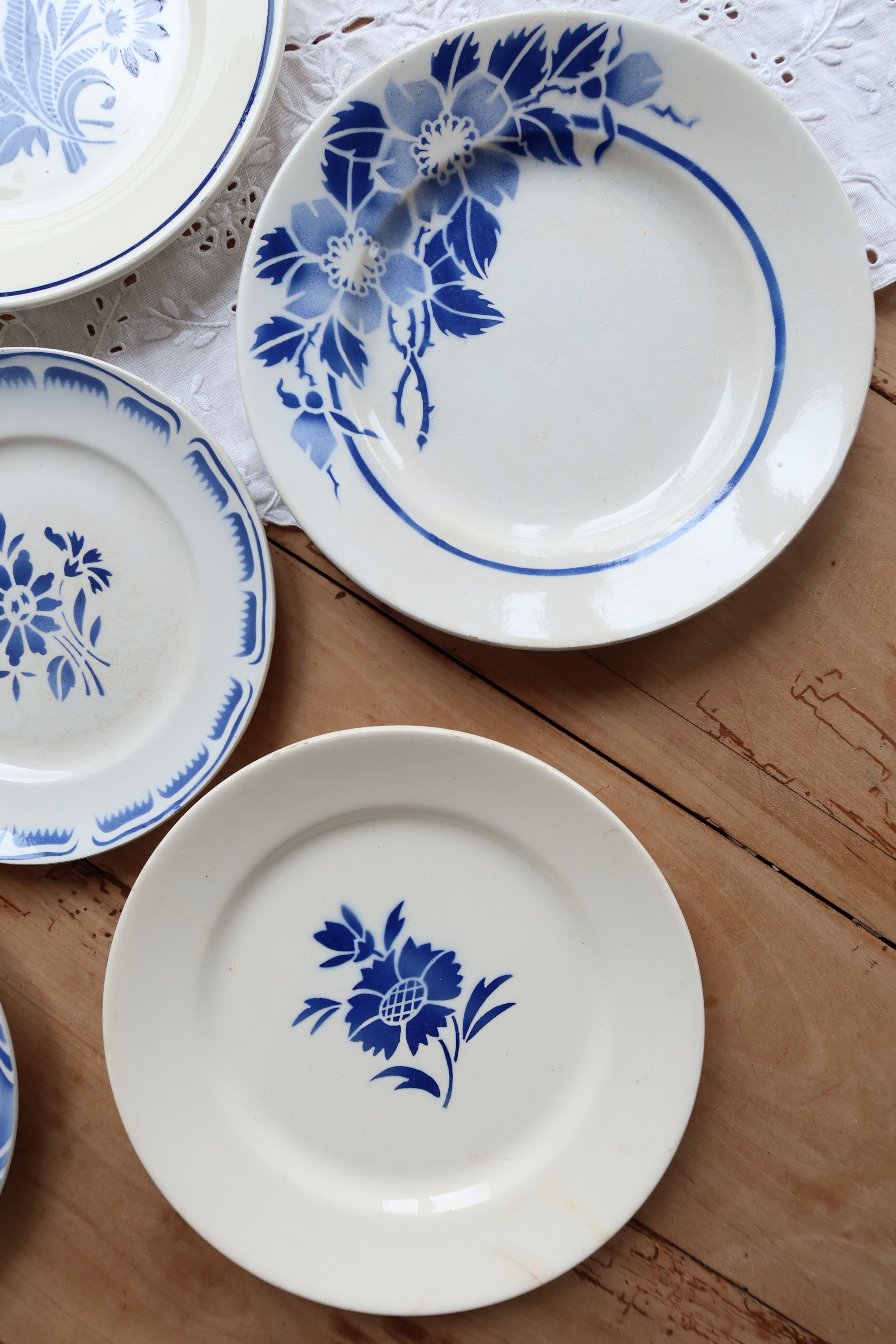 6 vintage mismatched blue and white earthenware dessert plates