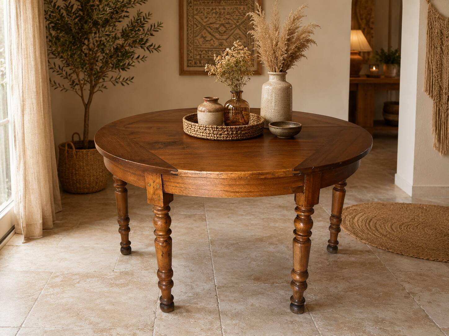 Louis-Philippe XIXth century demi-lune console table in solid walnut – seats 6 people.