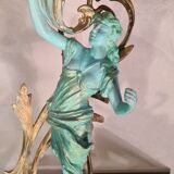 Old lamp in green and bronze patinated regula with pretty multi-colored opaline tulip