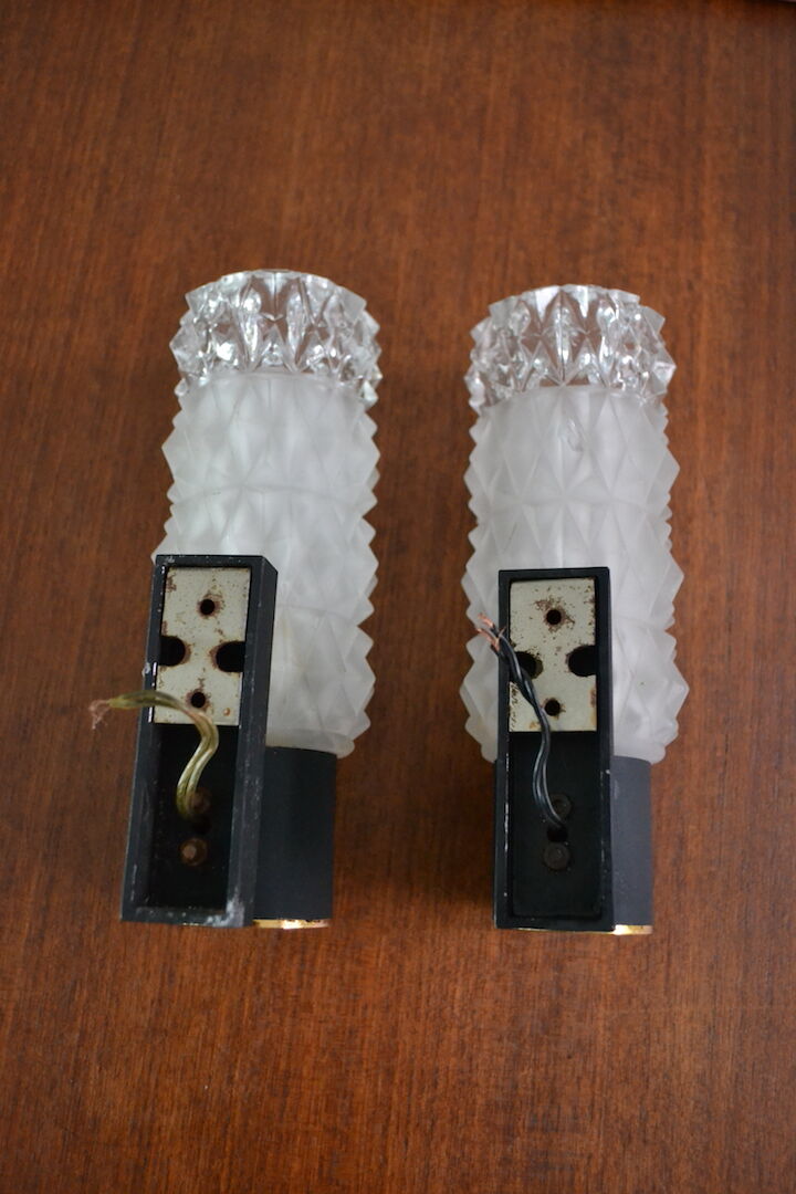 Pair of Arlus sconces with golden brass and glass, 50