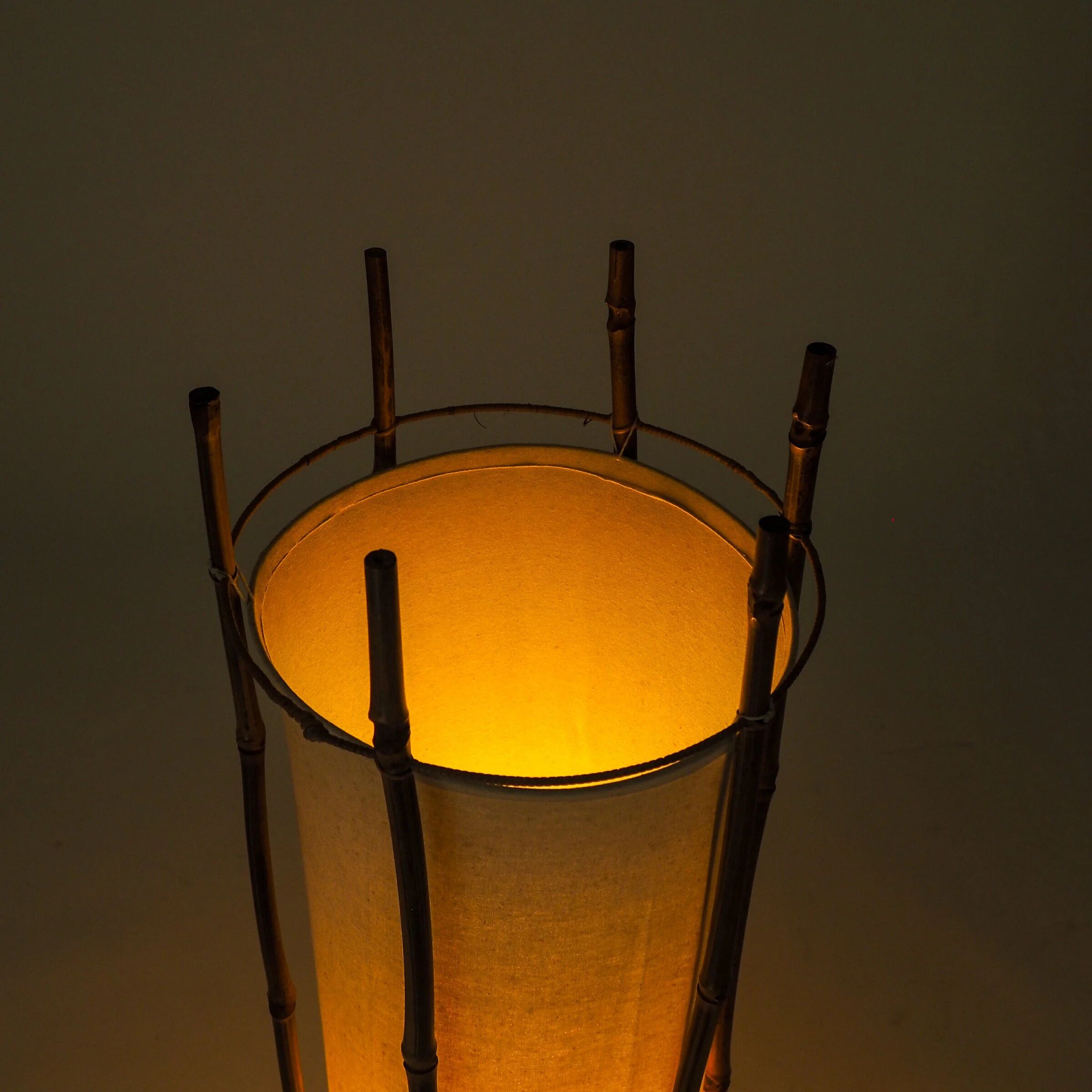 Large bamboo & linen floor lamp by Louis Sognot