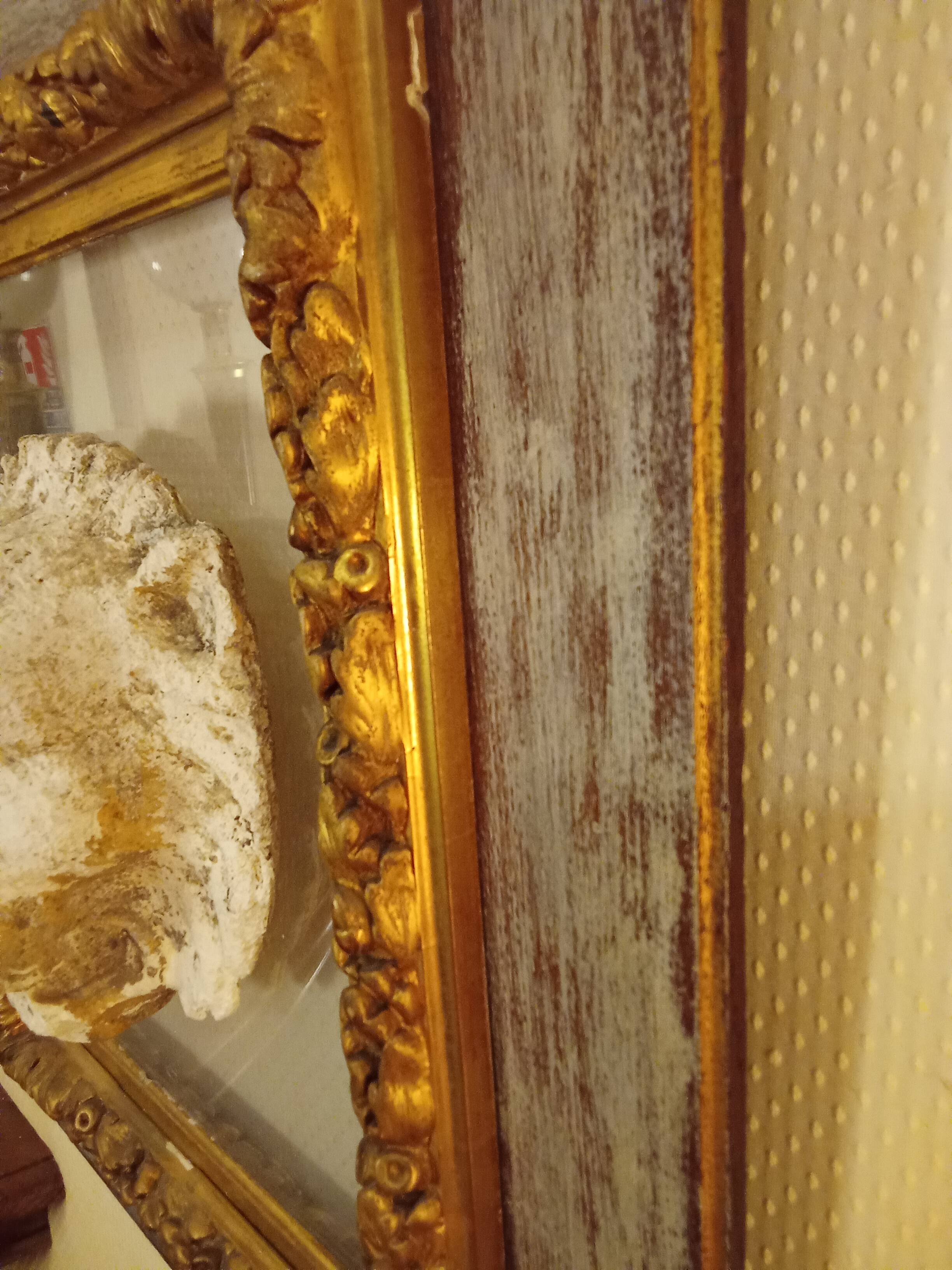 Antique gilded frame with stone lion head ornament on plexiglass