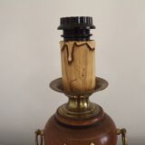 French Mid Century Round Turned Wood Lamp Base With Gold 1852 Tag & Handles