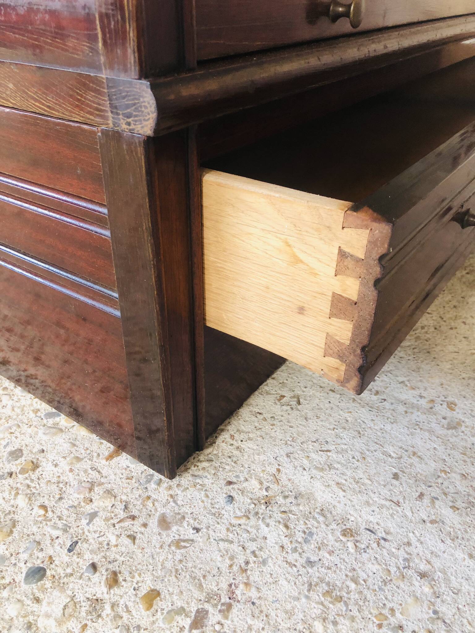 Vintage mahogany avocado bookcase with overhead glass doors circa 40's/50's