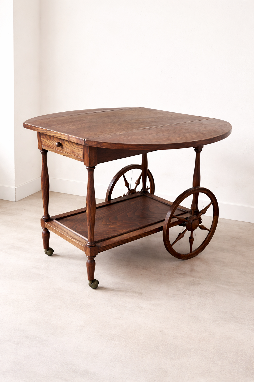 Folding dessert table in solid chestnut, 2 drawers, wheels, 20th century.