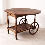 Folding dessert table in solid chestnut, 2 drawers, wheels, 20th century.