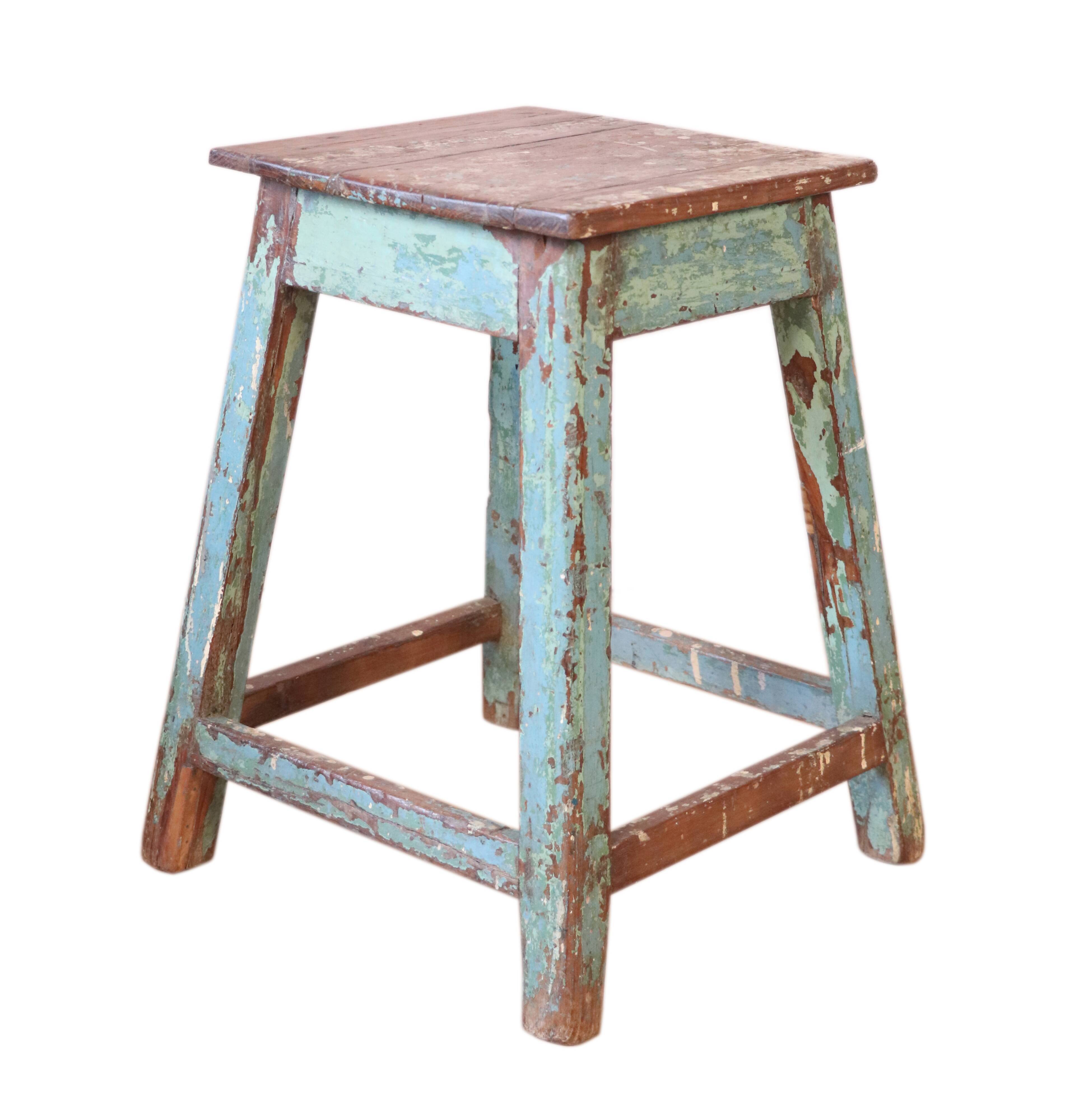 Old workshop stool in original blue patina Burmese teak