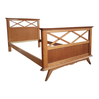 Vintage oak bed with compass feet – 1950s