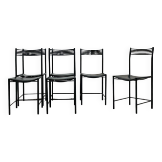 6 chaises italiennes en métal et cuir noir, 1980