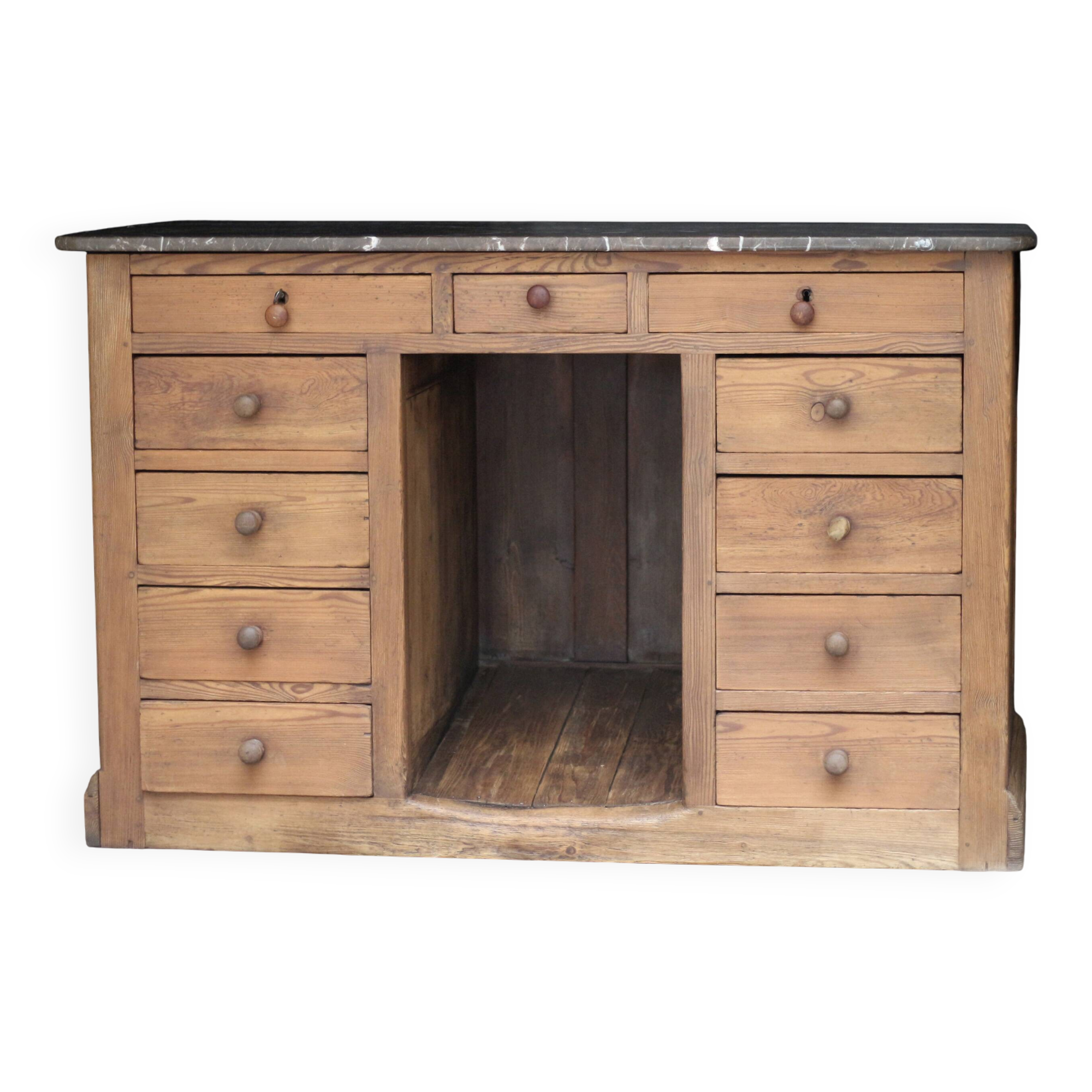 Exceptional pharmacy counter in solid pine and marble (19th century).