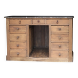 Exceptional pharmacy counter in solid pine and marble (19th century).