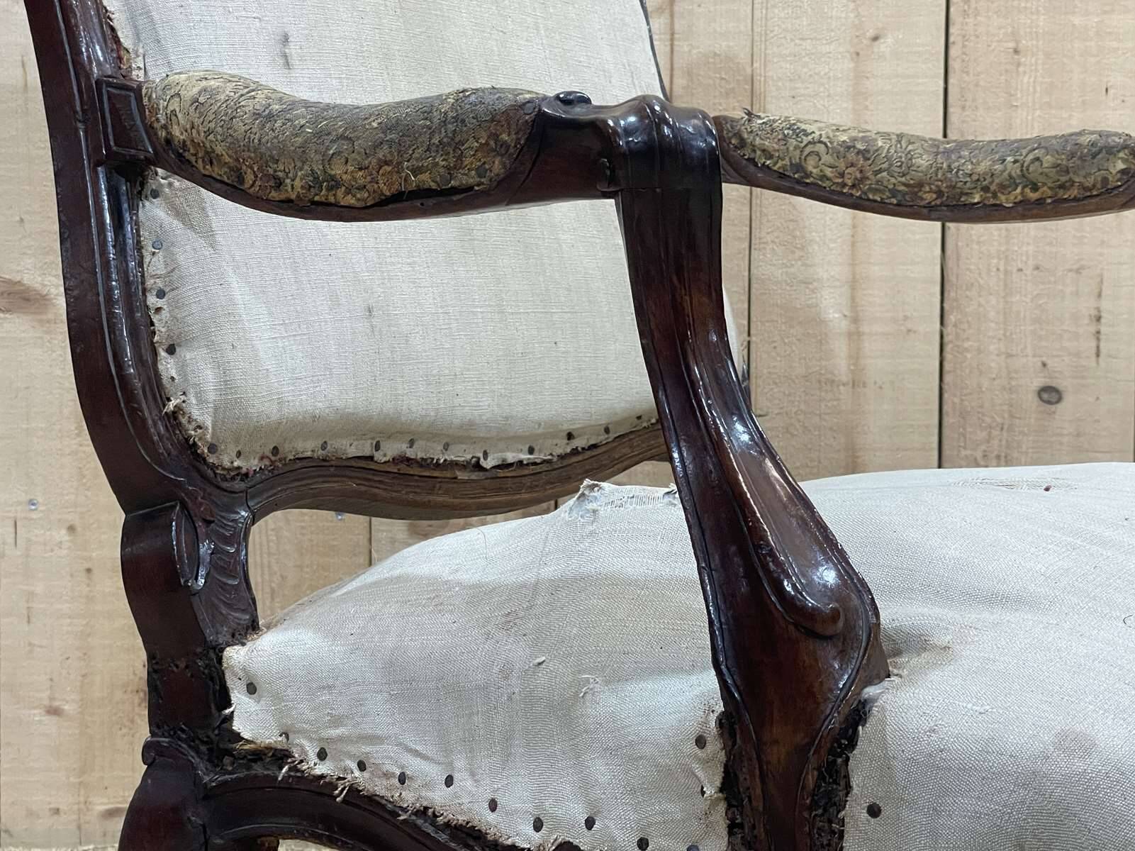 Regency period armchair in 18th century walnut to be reupholstered