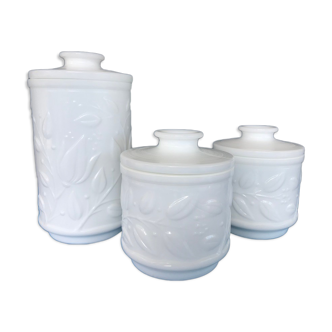 Trio of opal glass jars 1970