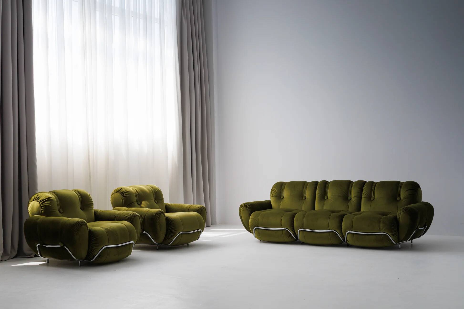 Three seater sofa and armchairs dining set by Adriano Piazzesi, reupholstered olive velvet