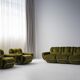Three seater sofa and armchairs dining set by Adriano Piazzesi, reupholstered olive velvet