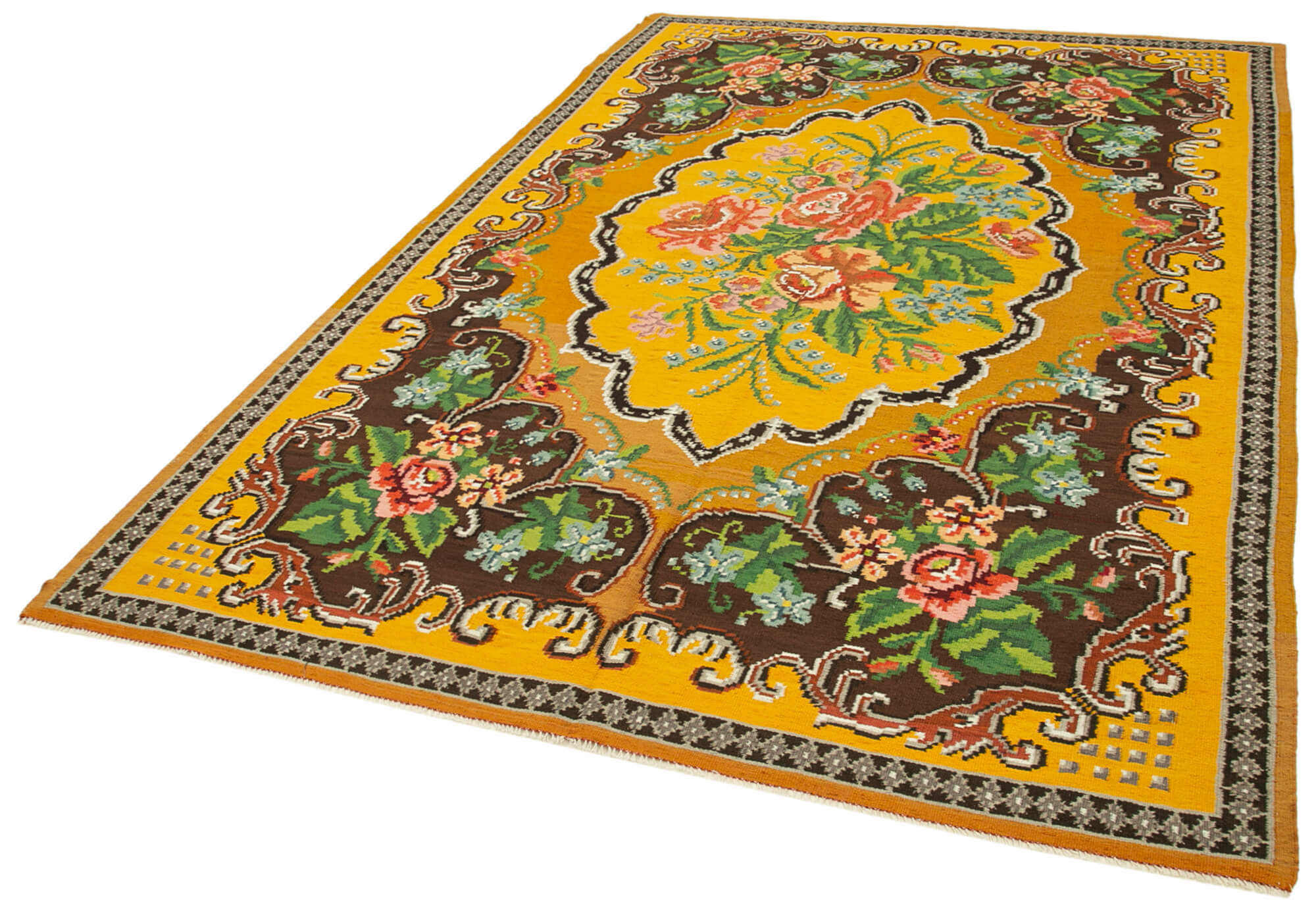 Handwoven vintage romanian yellow kilim 194 cm x 297 cm - 23432