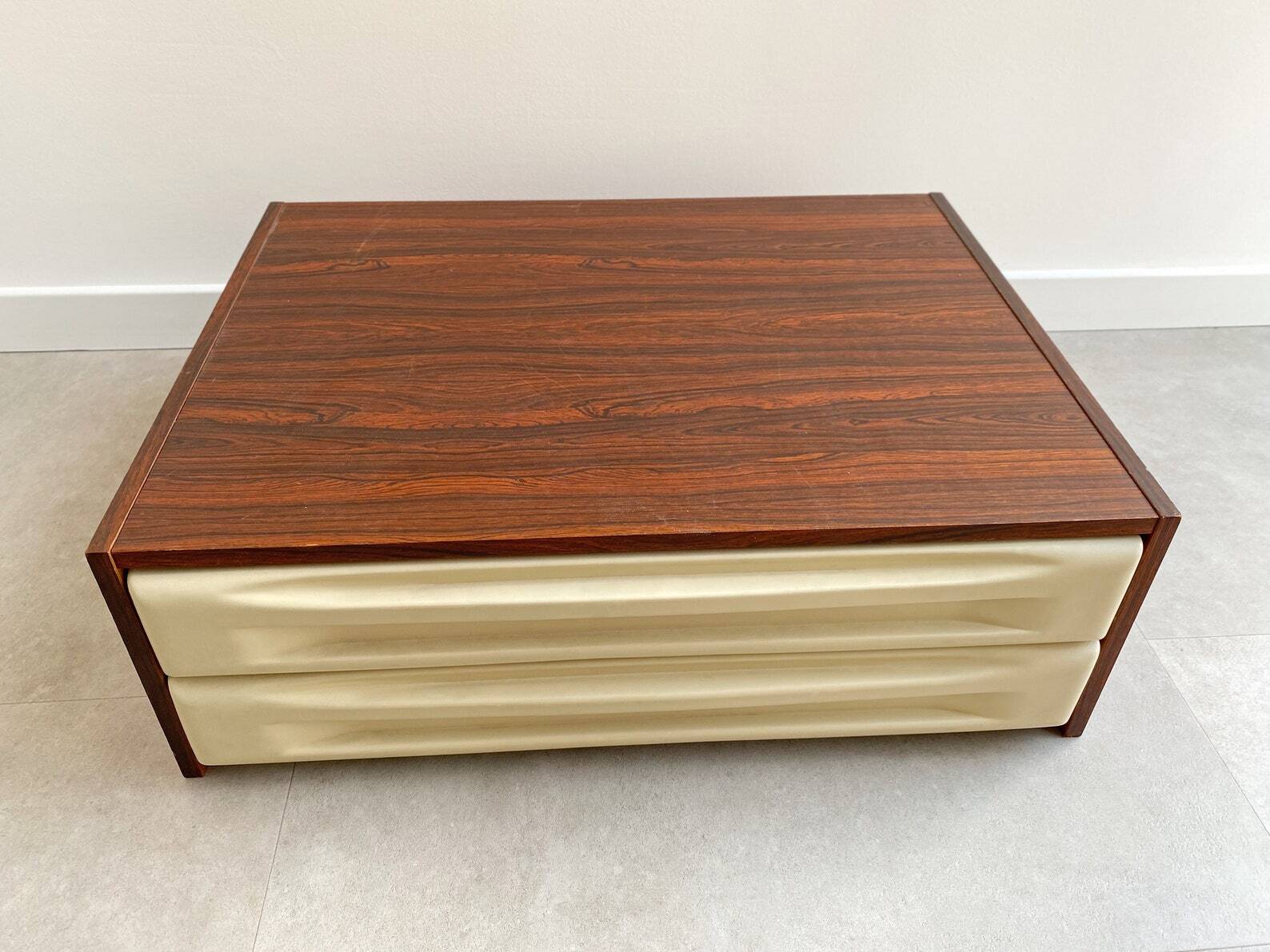 Mid Century rosewood cabinet with 2 beige plastic drawers