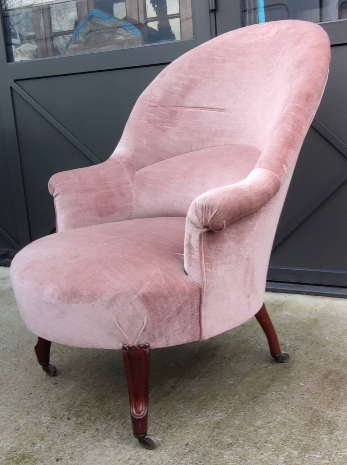 Ancien Fauteuil Crapaud velours Rose Pâle/Style Louis XV