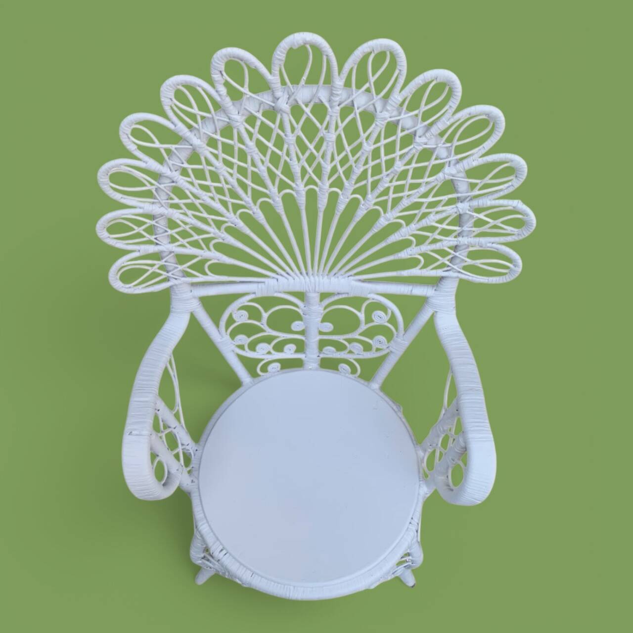 Peacock armchair and chair in white rattan, 1970