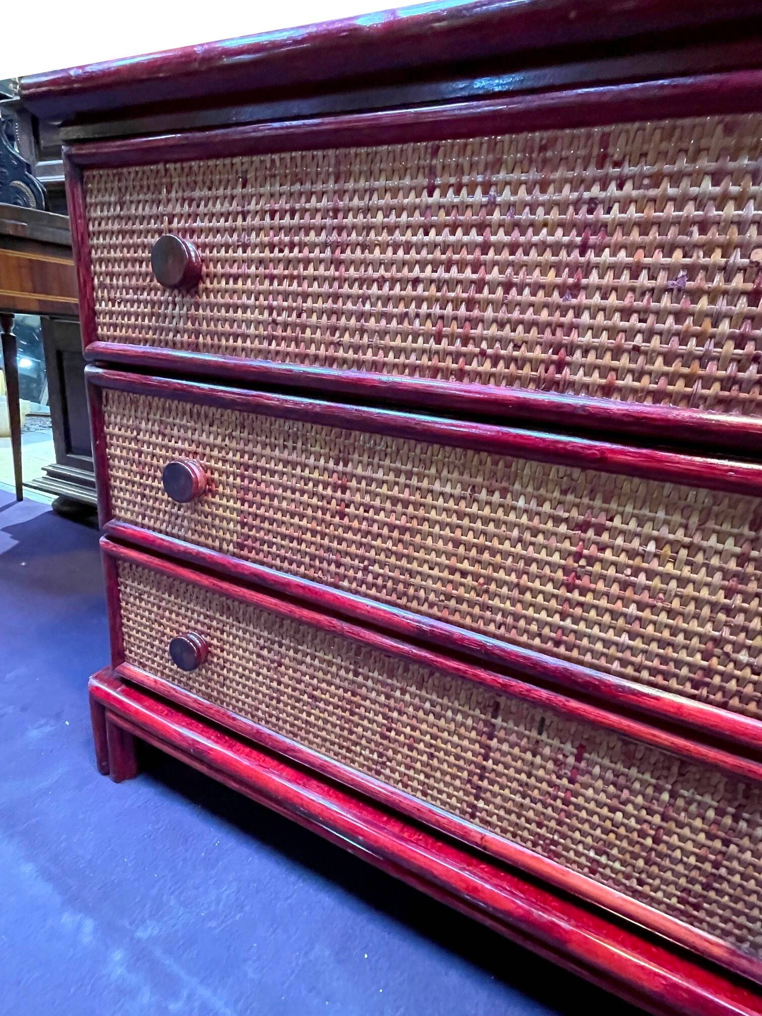 Wood and rattan commode Maugrion vintage 1980s