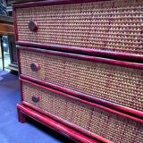 Wood and rattan commode Maugrion vintage 1980s