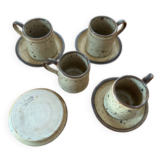 Set of 4 cups and 4 stoneware sub-cups of rockery