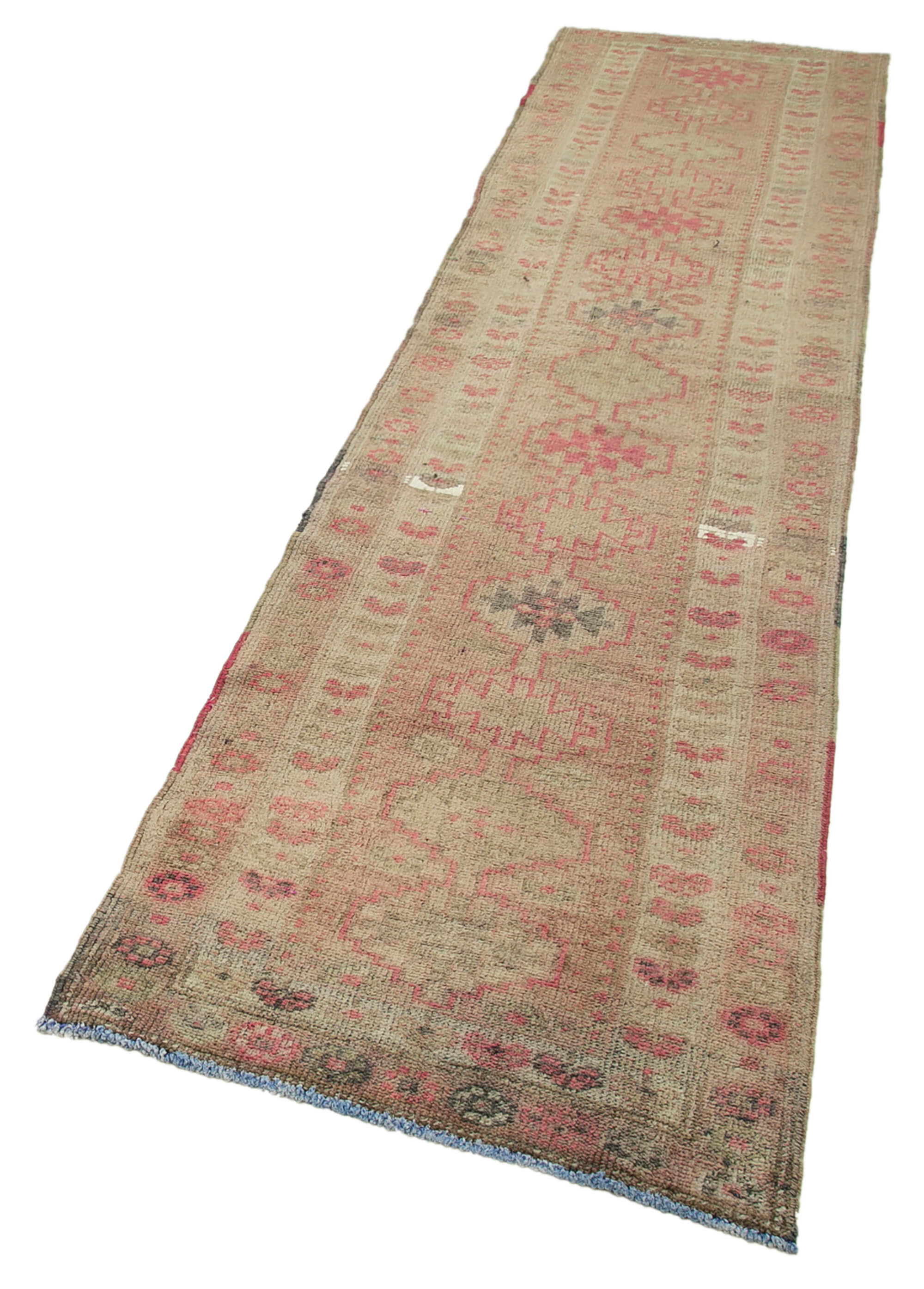 Handmade Vintage Oriental Beige Runner Carpet 77 cm x 331 cm