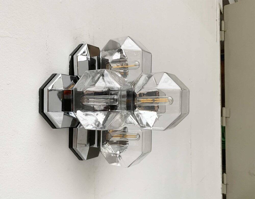 Vintage German wall or ceiling lamp in chrome and glass, space age design by Motoko Ishii for Staff.