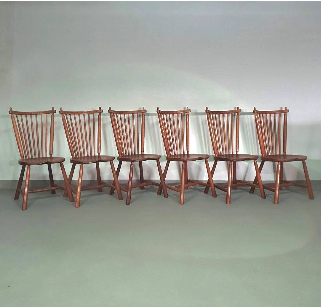 Lot de 6 chaises de salle à manger à dossier fuselé De Ster Geldermalsen en chêne massif, 1960