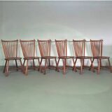 Set of 6 De Ster Geldermalsen spindle back dining chairs in solid oak, 1960