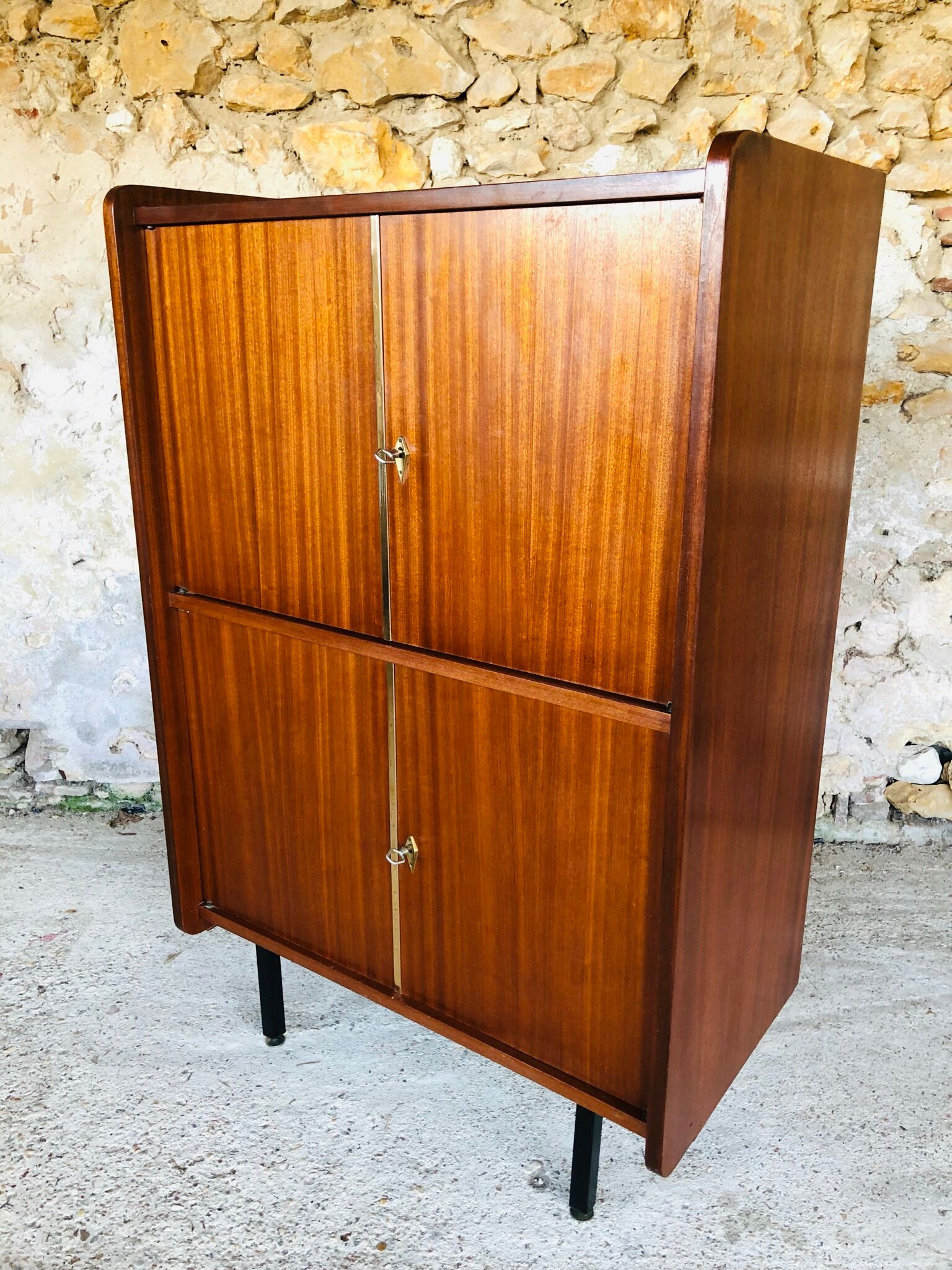 Storage cabinet with double compartment, metal feet circa 60's