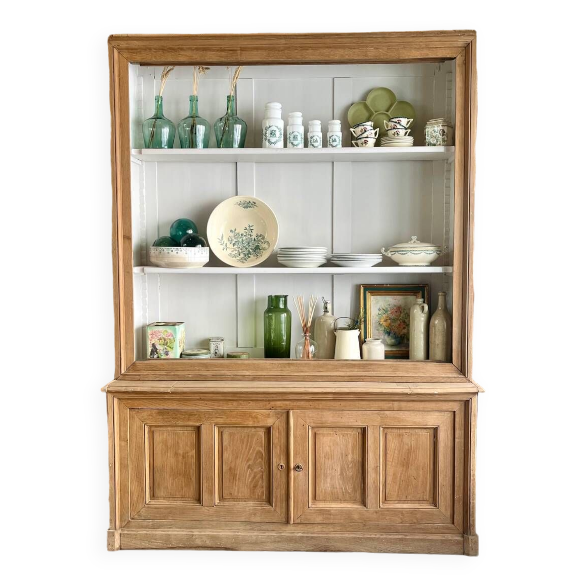 Two-body sideboard, bookcase, dresser in restored solid oak