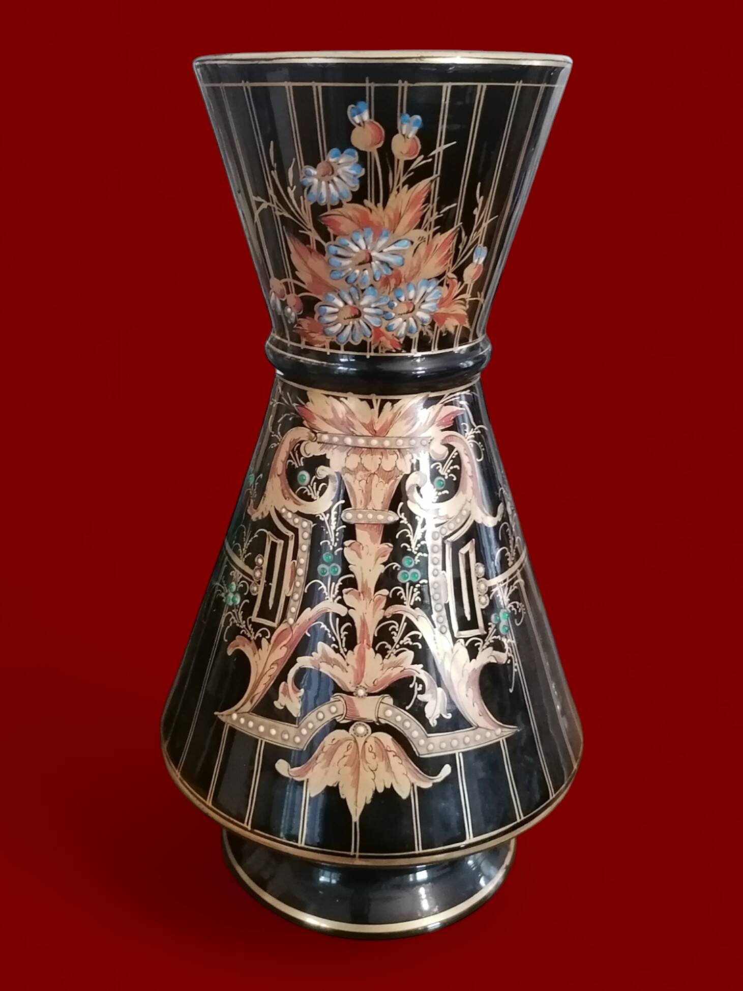 Antique black enameled glass vase