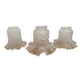 Lot of 3 antique frosted moulded glass tulips in Louis XVI style, chandelier, ab.