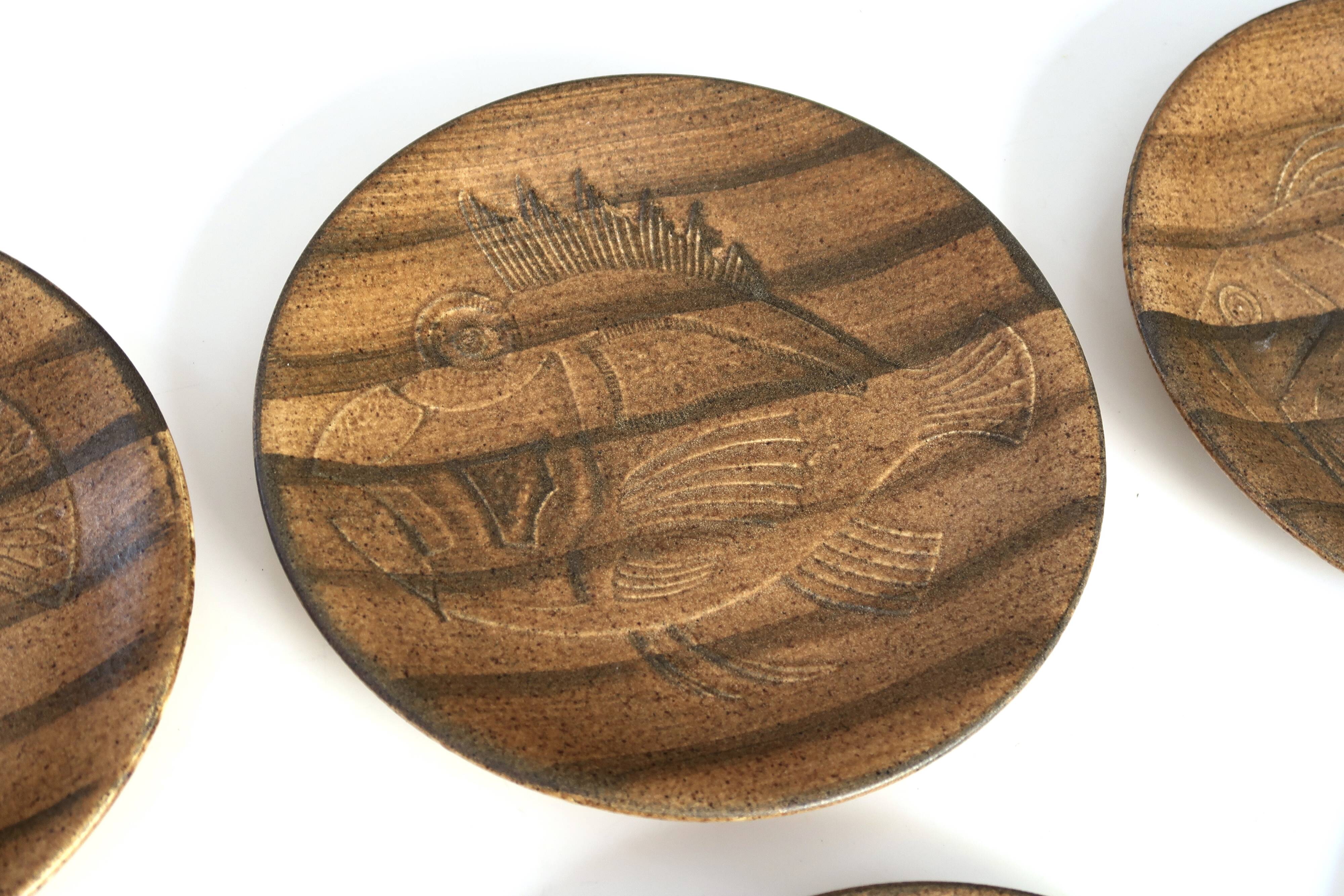 Set of 6 Longchamp plates with fish decor, 70s