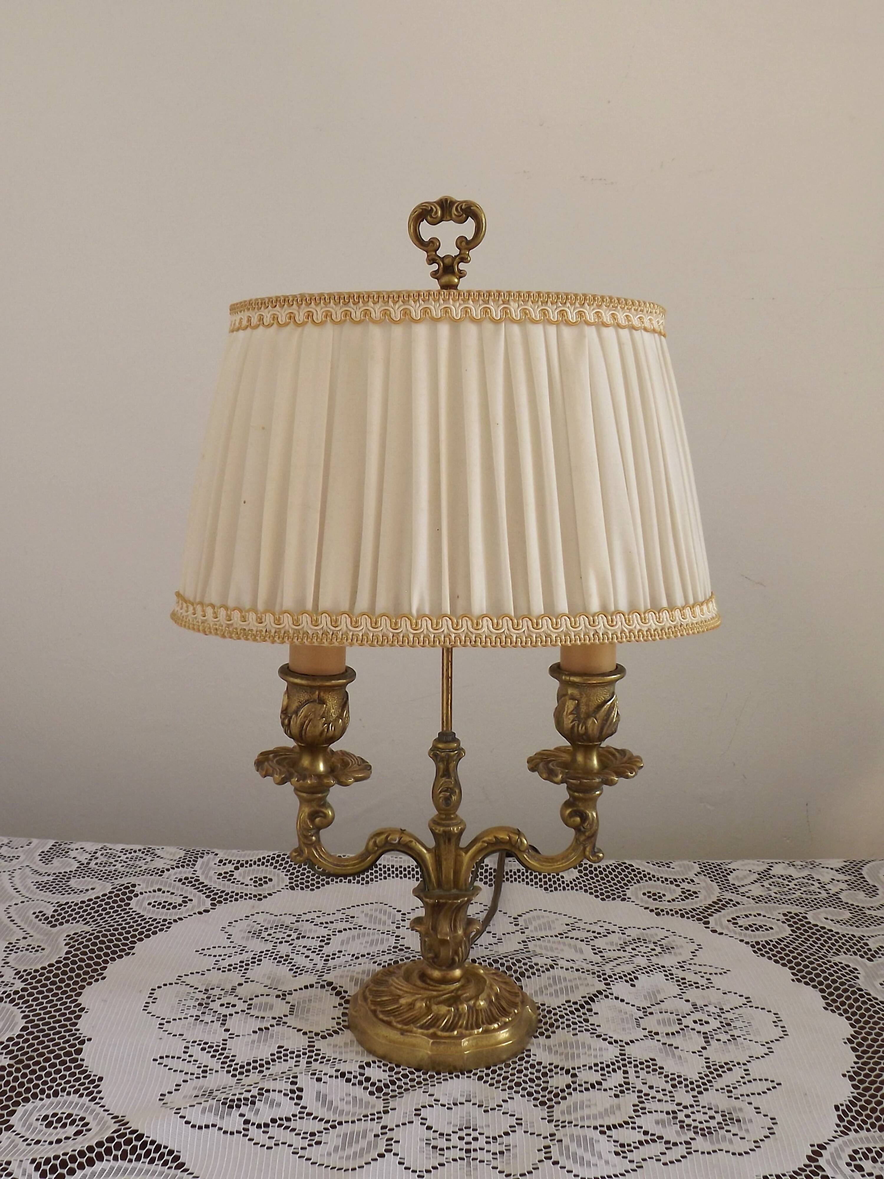 French Antique 2 Light Bronze Boulotte Table Lamp With Cream Pleated Shade