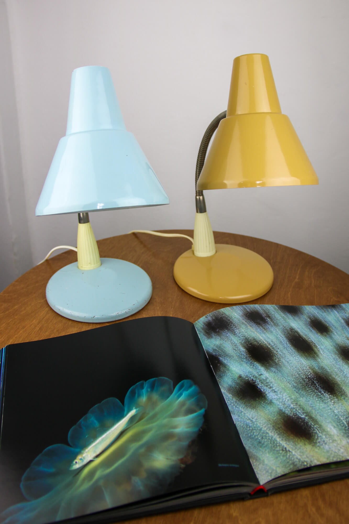 Adjustable Desk Lamp in Blue and Sand Painted Metal and Chrome-Plated Spiral Arm, 1970s, Set of 2