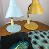 Adjustable Desk Lamp in Blue and Sand Painted Metal and Chrome-Plated Spiral Arm, 1970s, Set of 2