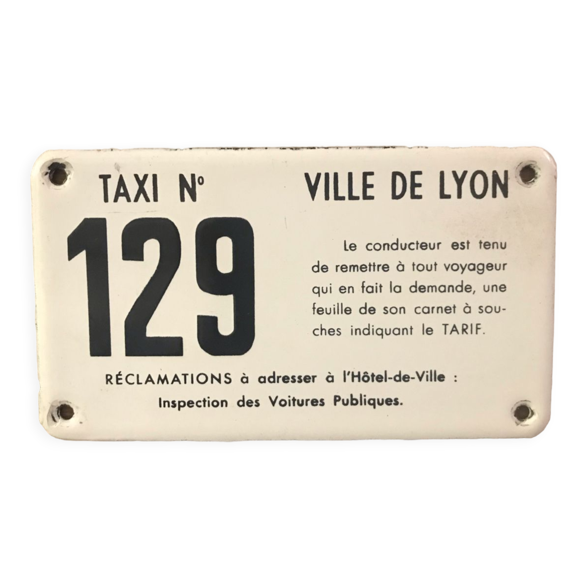 Plaque émaillée de taxi lyonnais