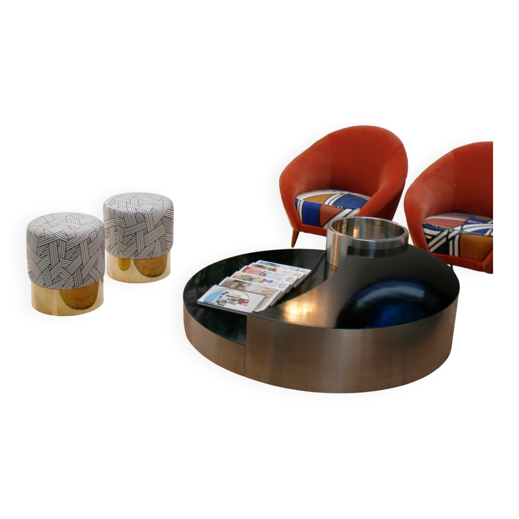 Modern Sculptural Concave Black and Blue Handmade Glass French Mirror