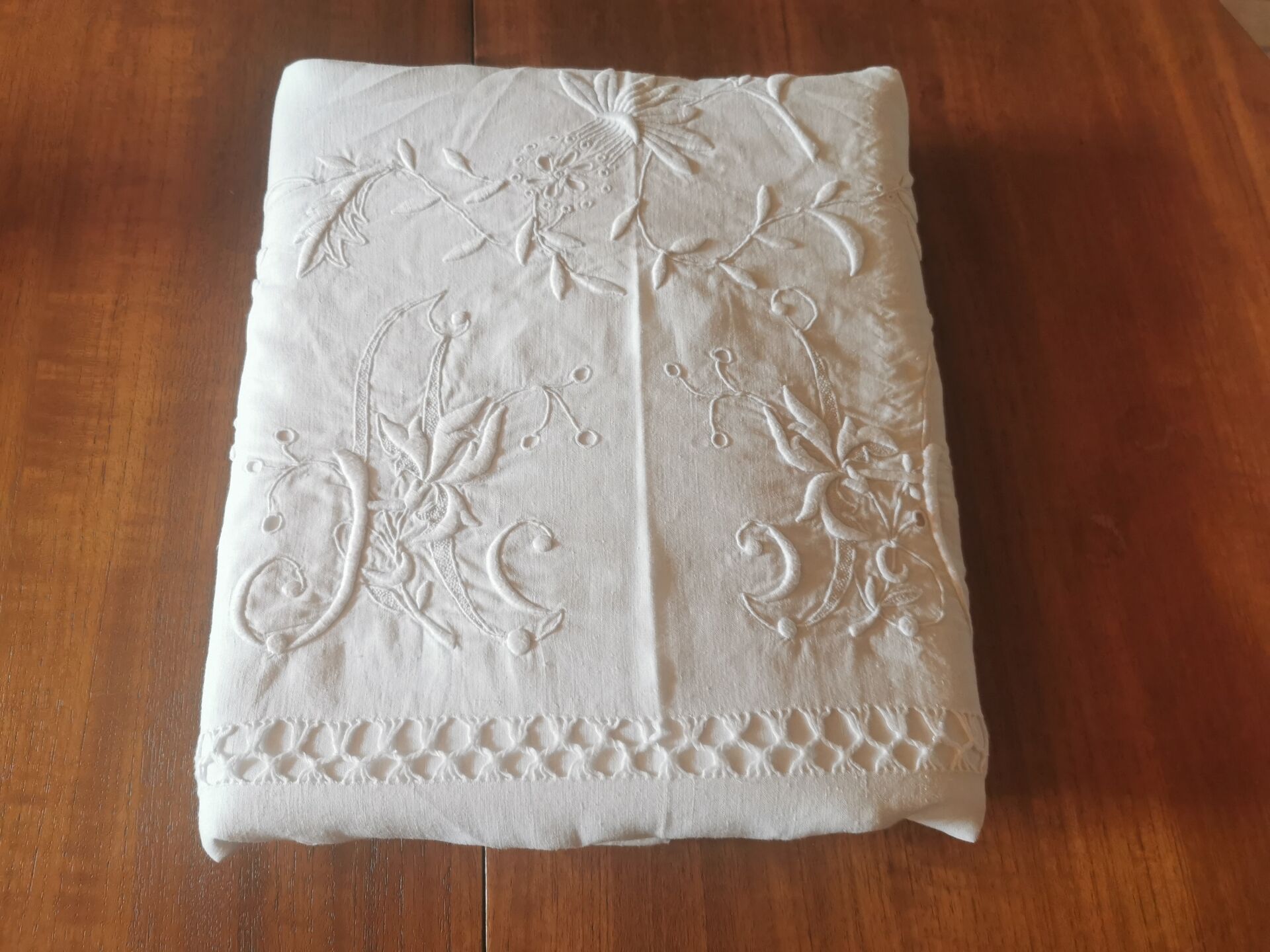 Large antique linen sheet monogrammed AH