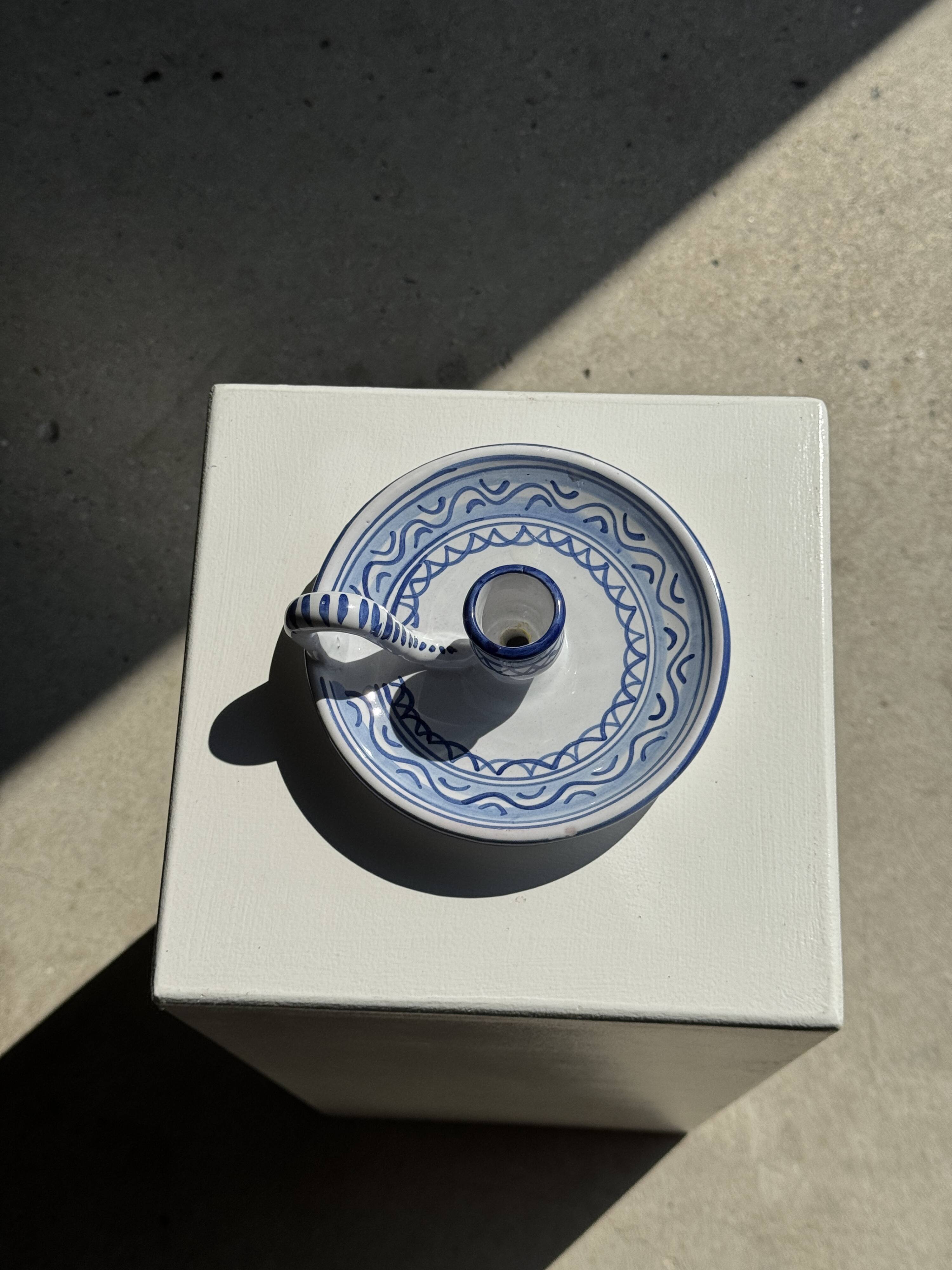Small handmade white candle holder with blue geometric frieze pattern H7