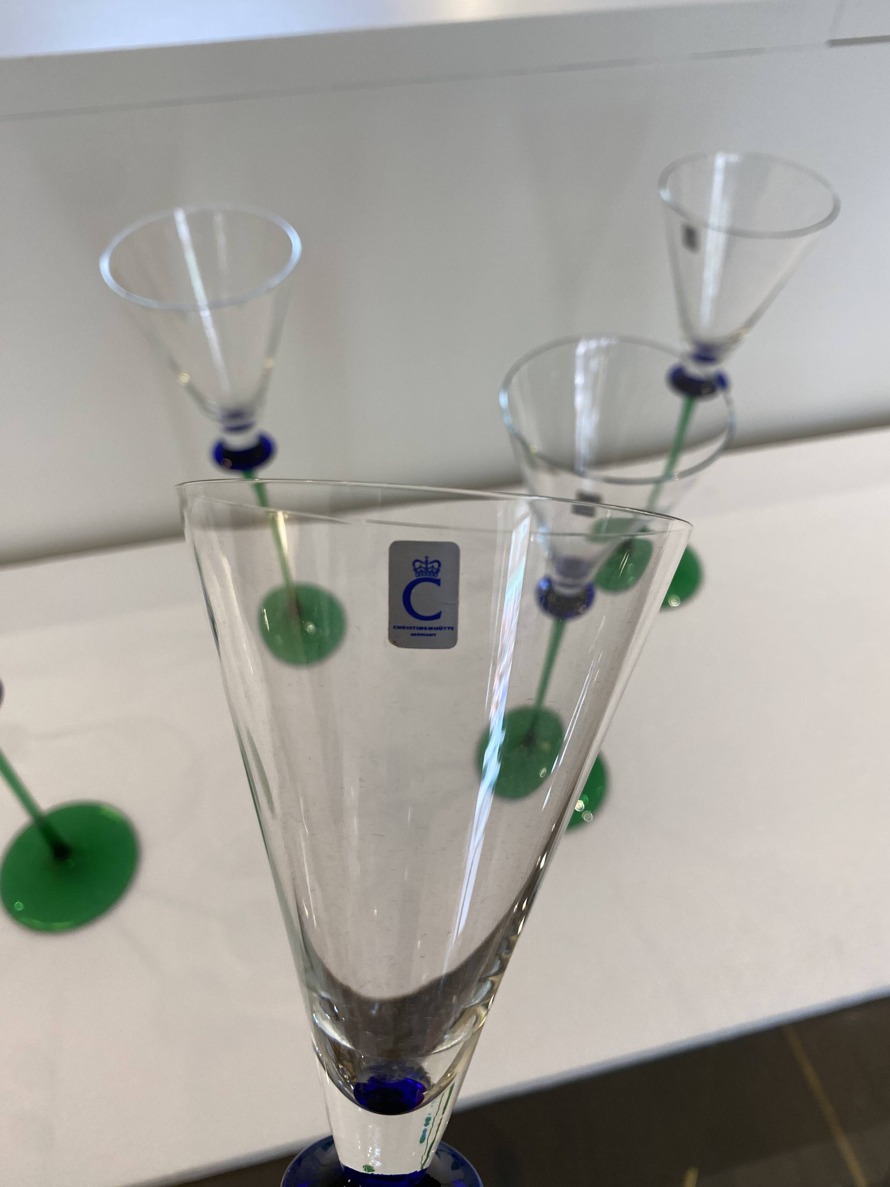 A Set of 6 Hand-blown Emerald Green Cobalt Blue Stem Champagne Flutes Art