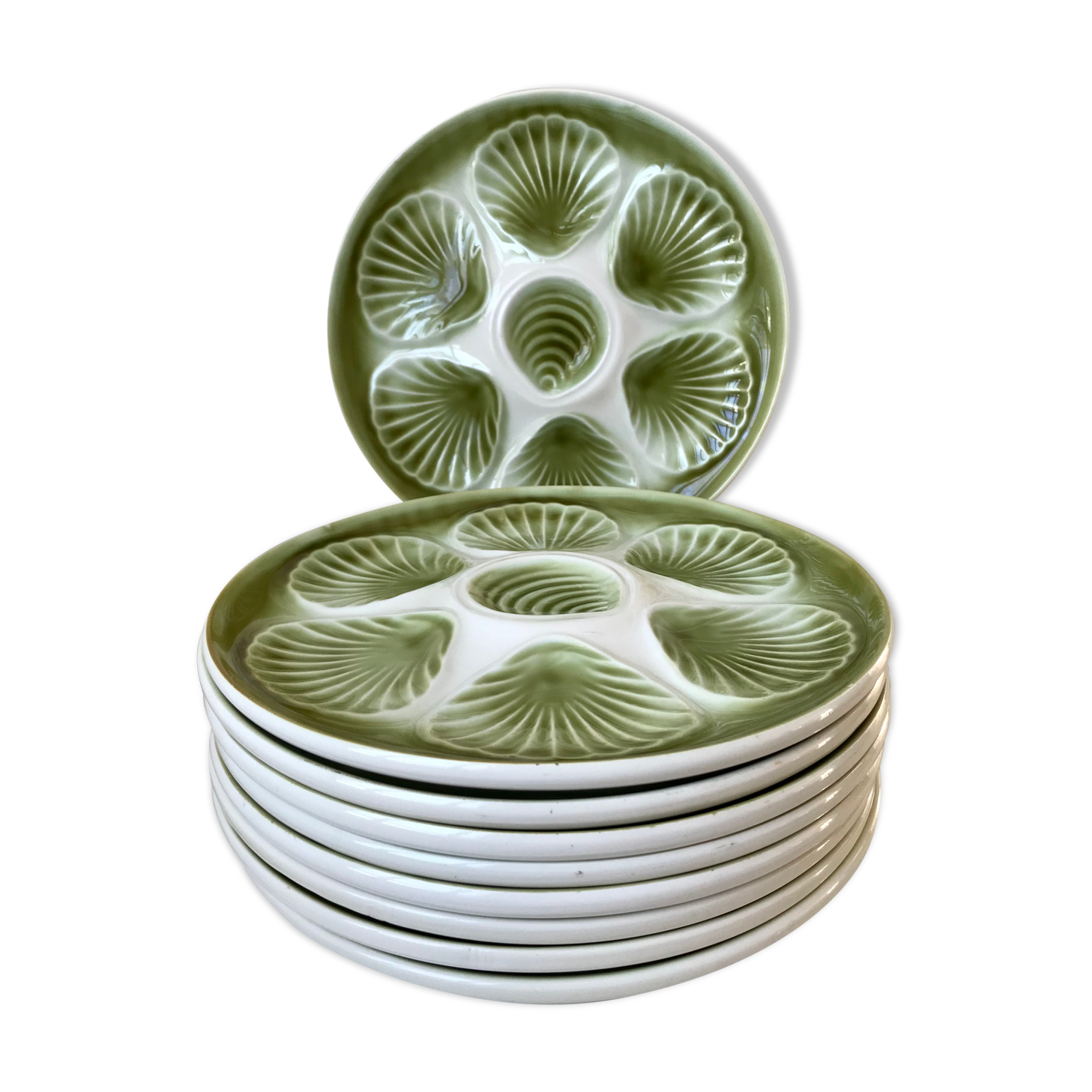 Set of 9 plates of green oysters moulin des loups 50s