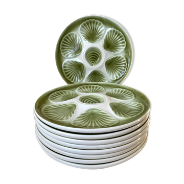 Set of 9 plates of green oysters moulin des loups 50s