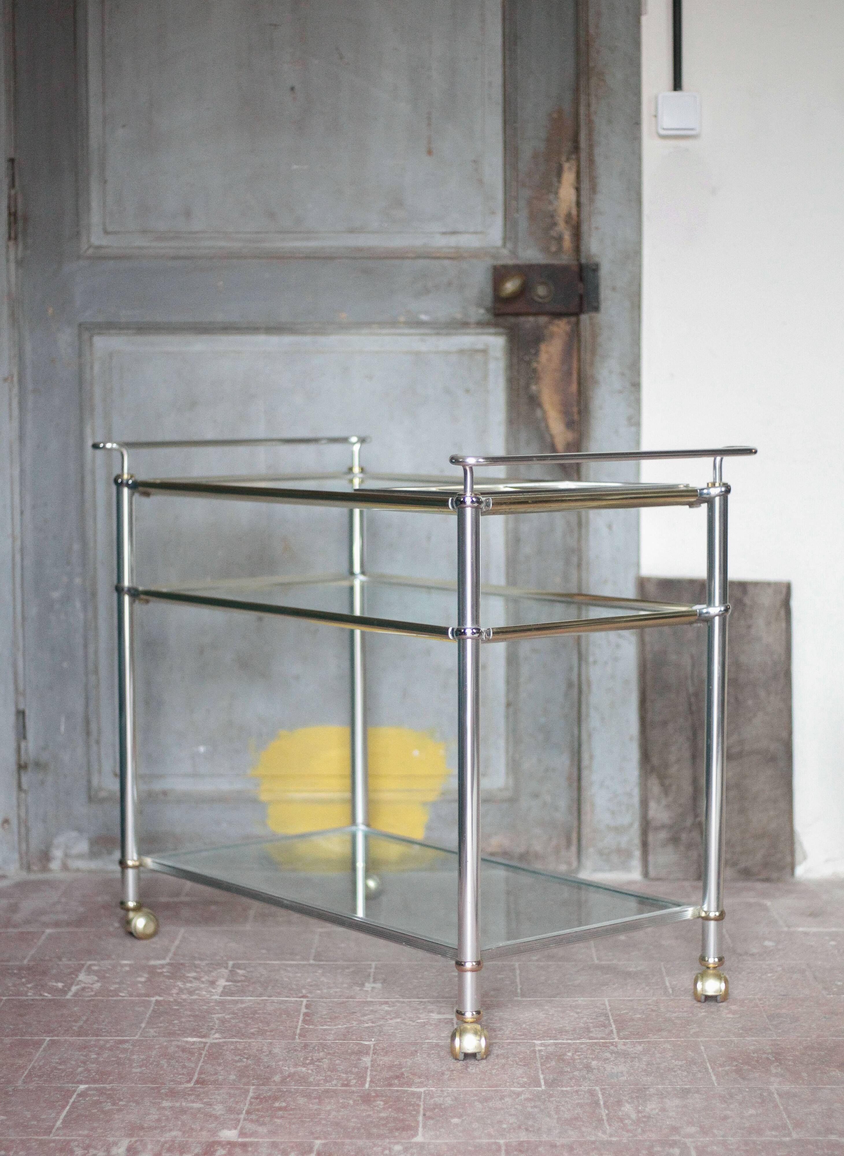 Vintage rolling dessert bar in gold metal and glass by Roche Bobois.