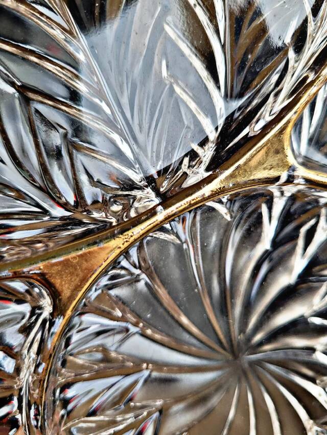 Vintage glass moulded aperitif server with handles and gilding.