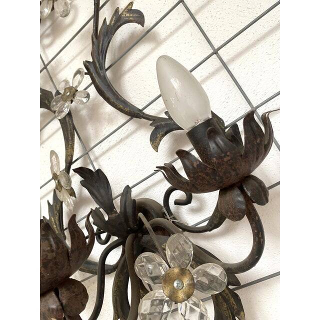 Contemporary brunito and rush florentine wrought iron wall lamp with floreal crystals